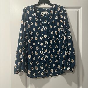 Skies Are Blue Overlay Button Down Front Pocket Long Sleeve Floral Top, 2x